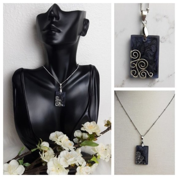 Handmade Pendant Necklace Floating Tie Dye Swirl Geometric Purple Pendant - Picture 3 of 9